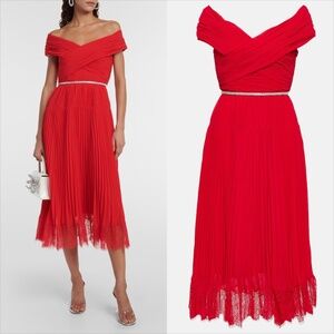 Self portrait red pleated off shoulder chiffon lace hem dress NO BELT